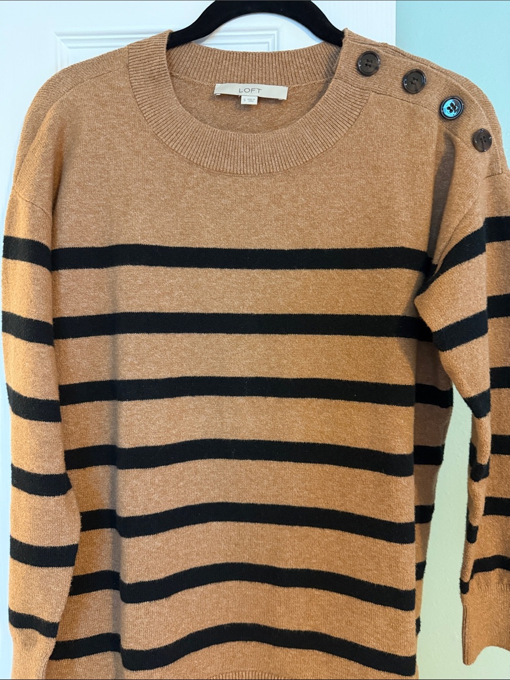 LOFT Tan and Black Striped Crewneck Sweater with Shoulder Buttons